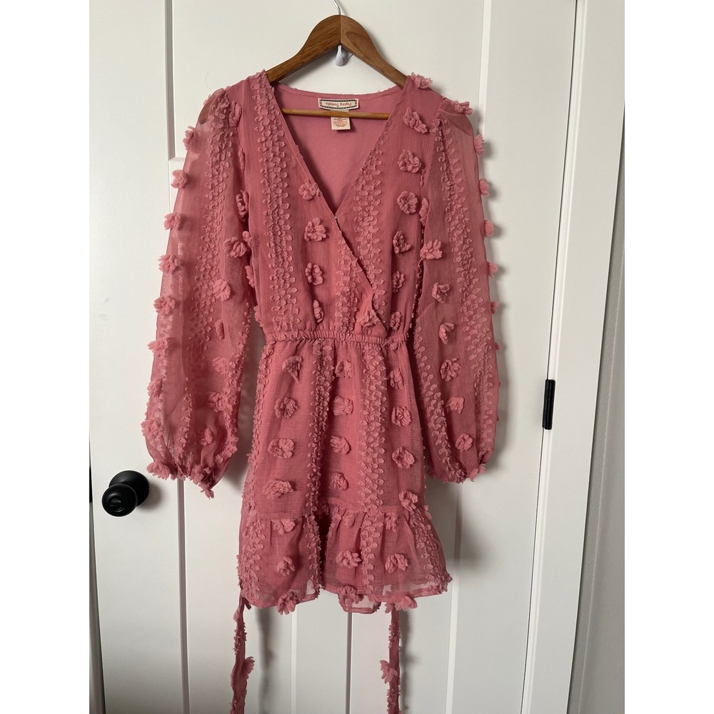 Flying Tomato Pink 3D Floral Pom Pom Mini Dress Long Sleeve V-Neck AD1868-DG S